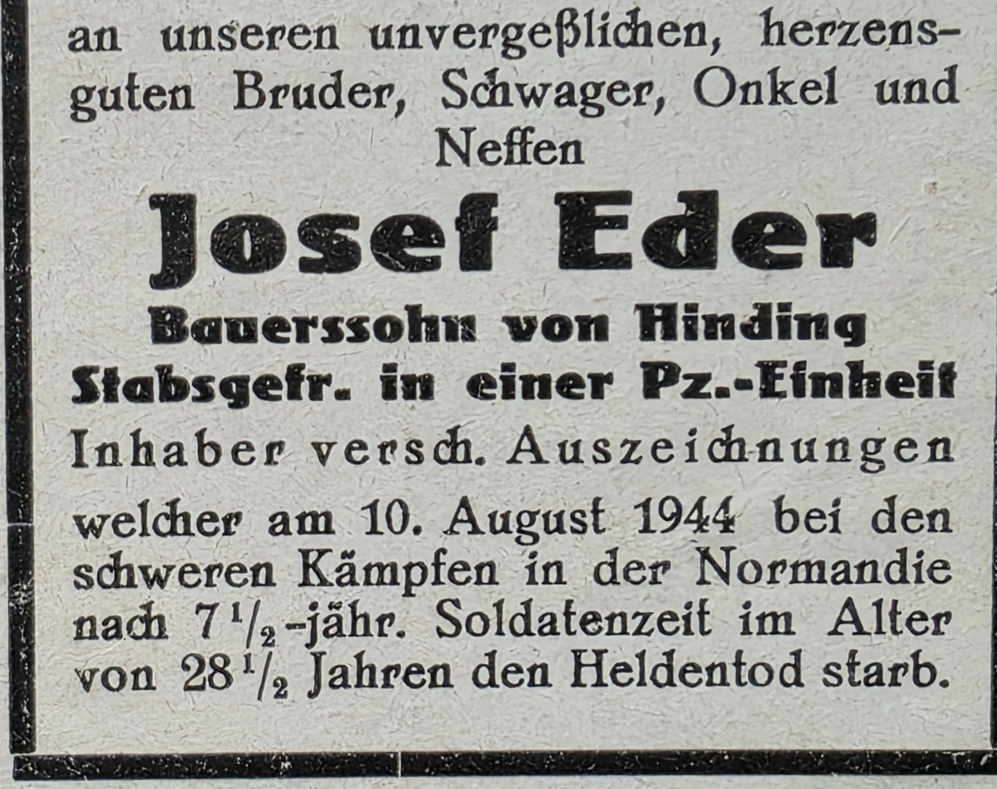 Sterbebild Stabsgefreiter Hinding Panzer-Einheit Souge Normandie Marigny Frankreich