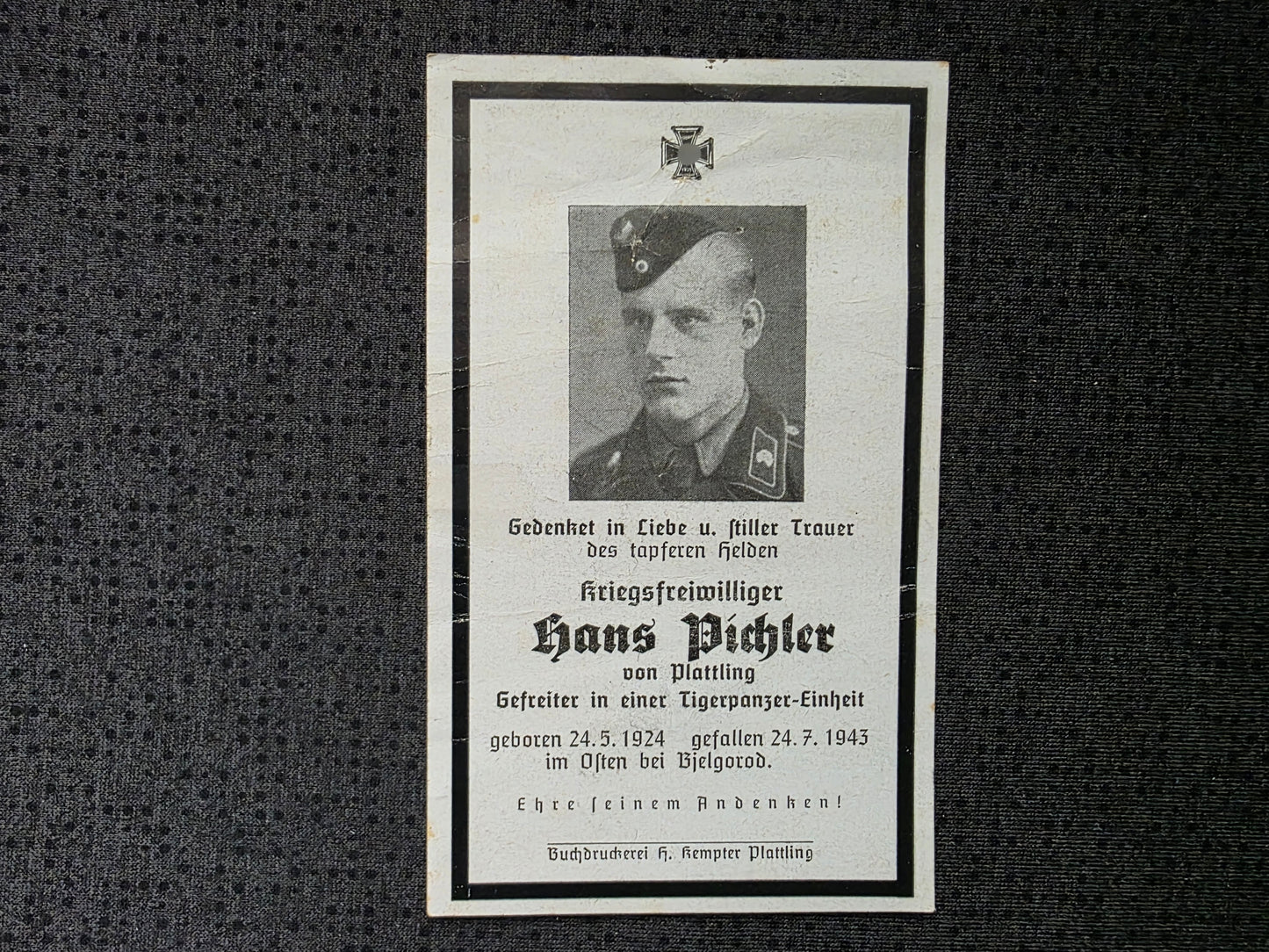 Sterbebild Gefreiter Plattling schwere Tiger-Panzer Einheit 503 Bjelgorod Russland
