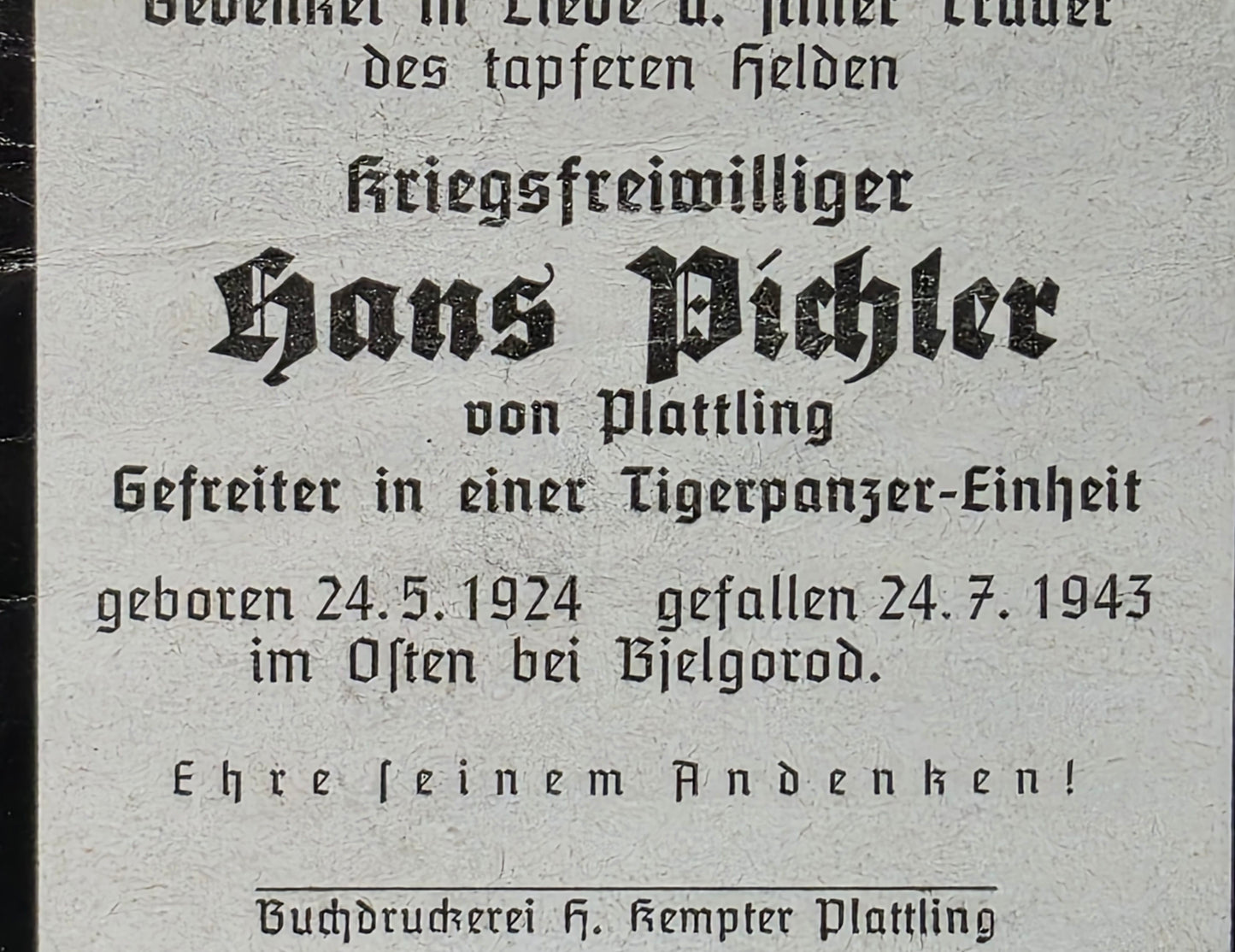 Sterbebild Gefreiter Plattling schwere Tiger-Panzer Einheit 503 Bjelgorod Russland