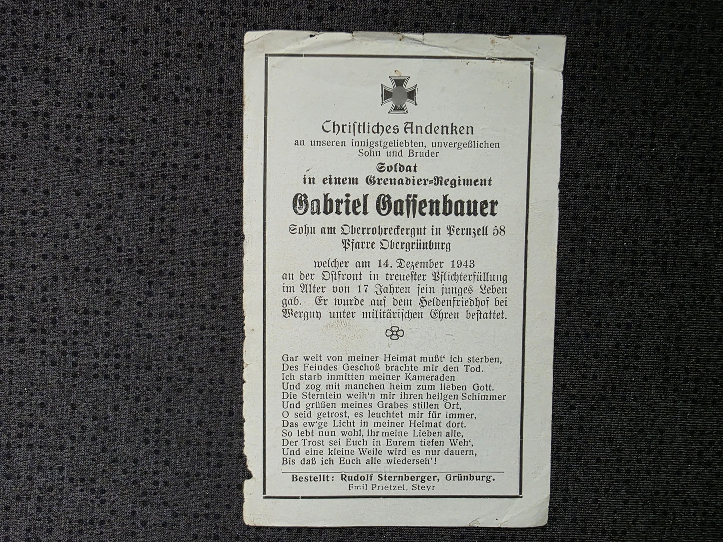 Sterbebild Grenadier Grimburg 13. Komp. Gren. Regt. 105 Tscherkassy Russland