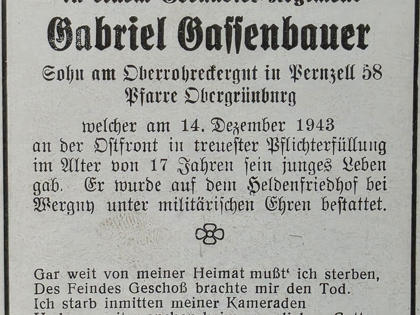 Sterbebild Grenadier Grimburg 13. Komp. Gren. Regt. 105 Tscherkassy Russland