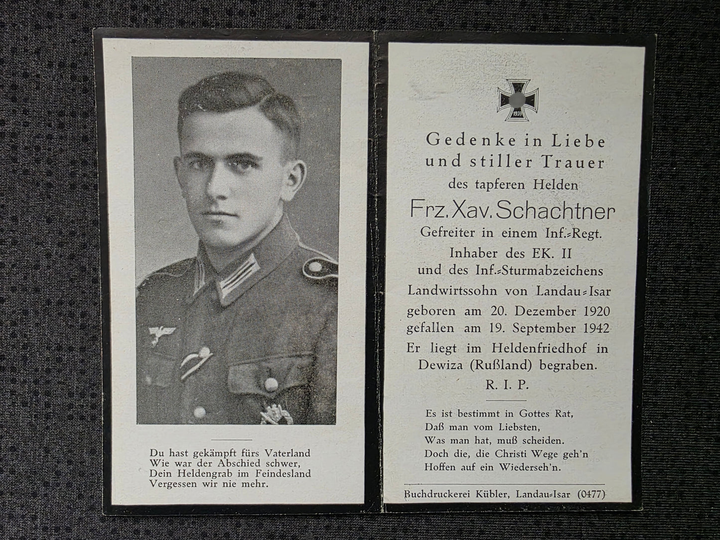 Sterbebild Gefreiter Oberhöcking 9. Komp. Inf. Regt. 199 "List" Woronesch Russland