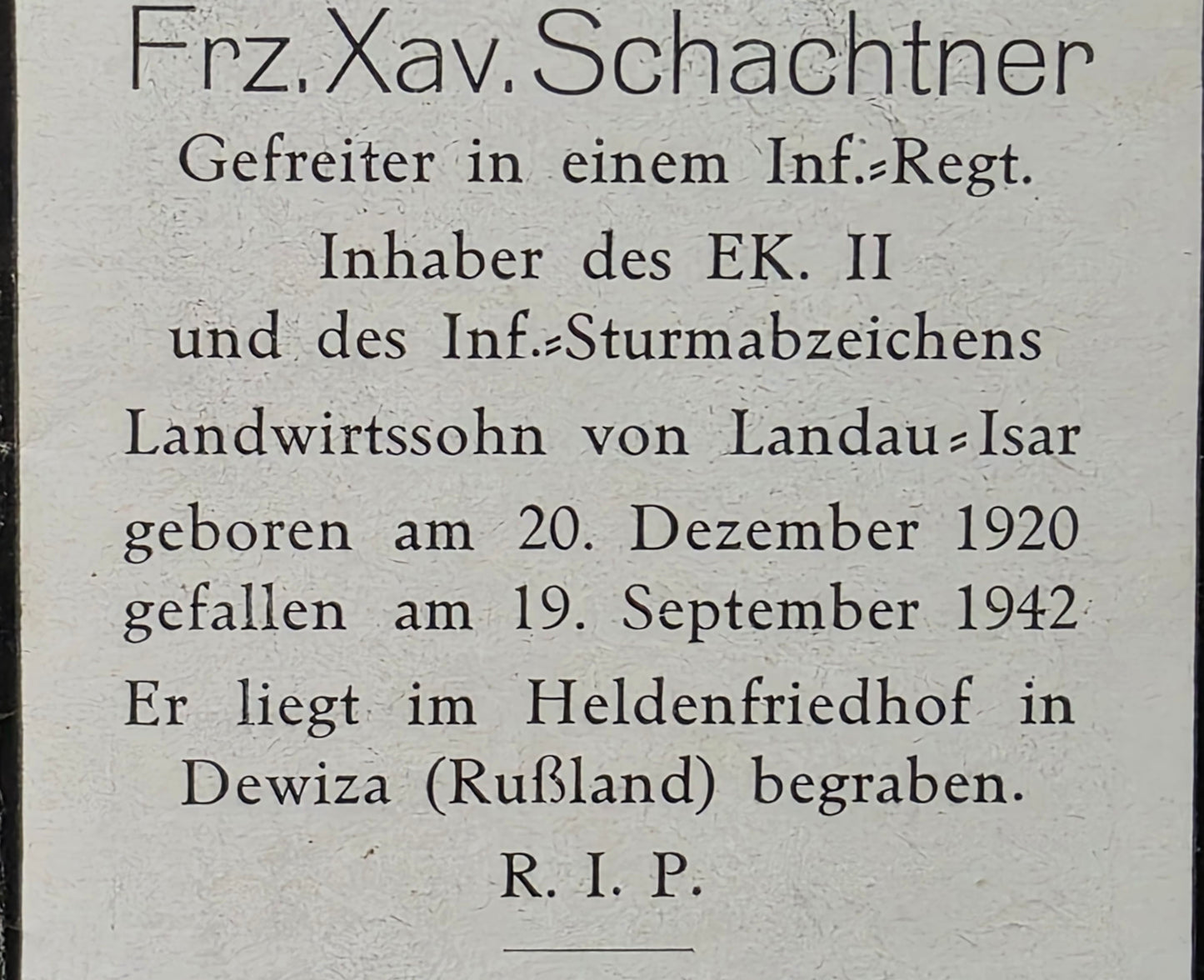 Sterbebild Gefreiter Oberhöcking 9. Komp. Inf. Regt. 199 "List" Woronesch Russland