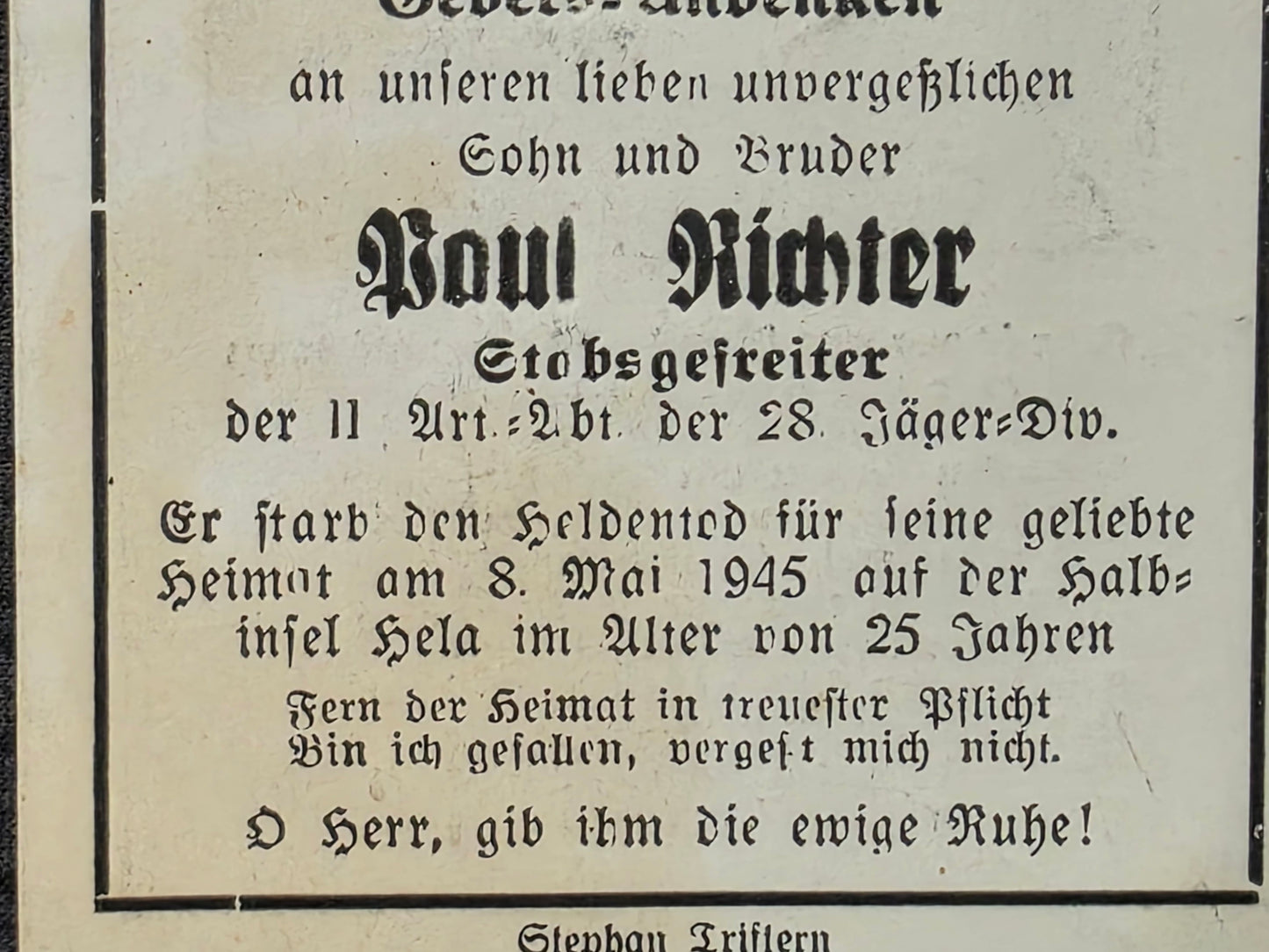 Sterbebild Stabsgefreiter Bischdorf II. Art. Abt. 28. Jäger-Division Letzter Tag 08.05.1945 Halbinsel Hela Polen