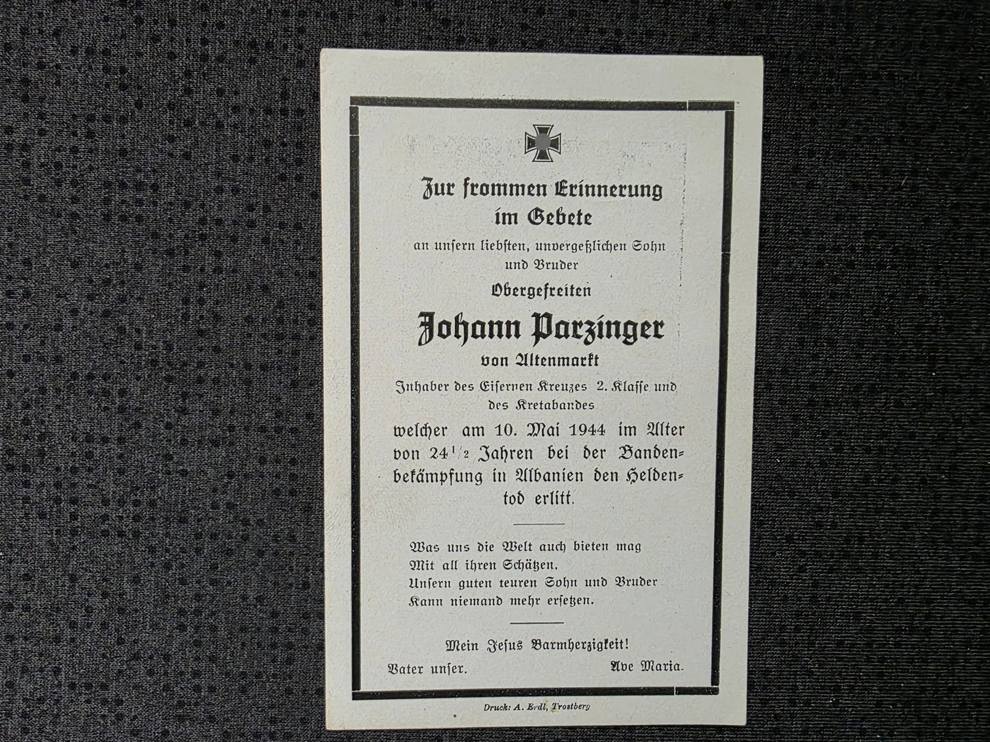 Sterbebild Obergefreiter Altenmarkt Kretaband Banditenkampf Han Mercek Albanien