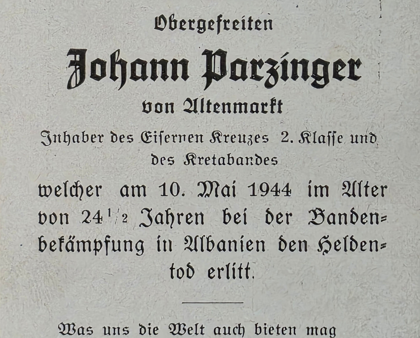 Sterbebild Obergefreiter Altenmarkt Kretaband Banditenkampf Han Mercek Albanien