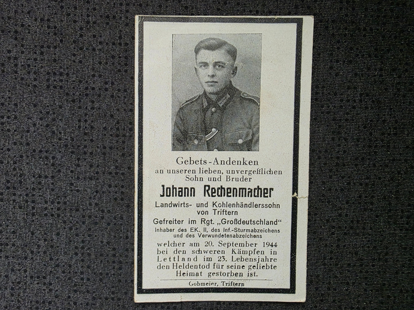Sterbebild Gefreiter Triftern Regiment "Großdeutschland" GD Dangas Lettland