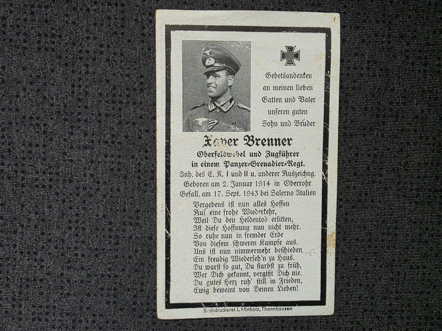 Sterbebild Oberfeldwebel & Zugführer Oberrohr 6. Komp. Pz.-Gren. Regt. 67 Salerno Italien