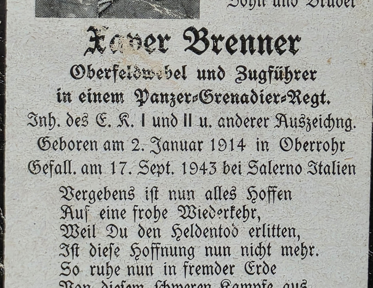 Sterbebild Oberfeldwebel & Zugführer Oberrohr 6. Komp. Pz.-Gren. Regt. 67 Salerno Italien