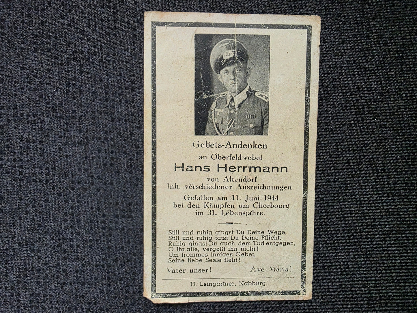 Sterbebild Oberfeldwebel Altendorf Invasion Normandie Cherbourg Frankreich