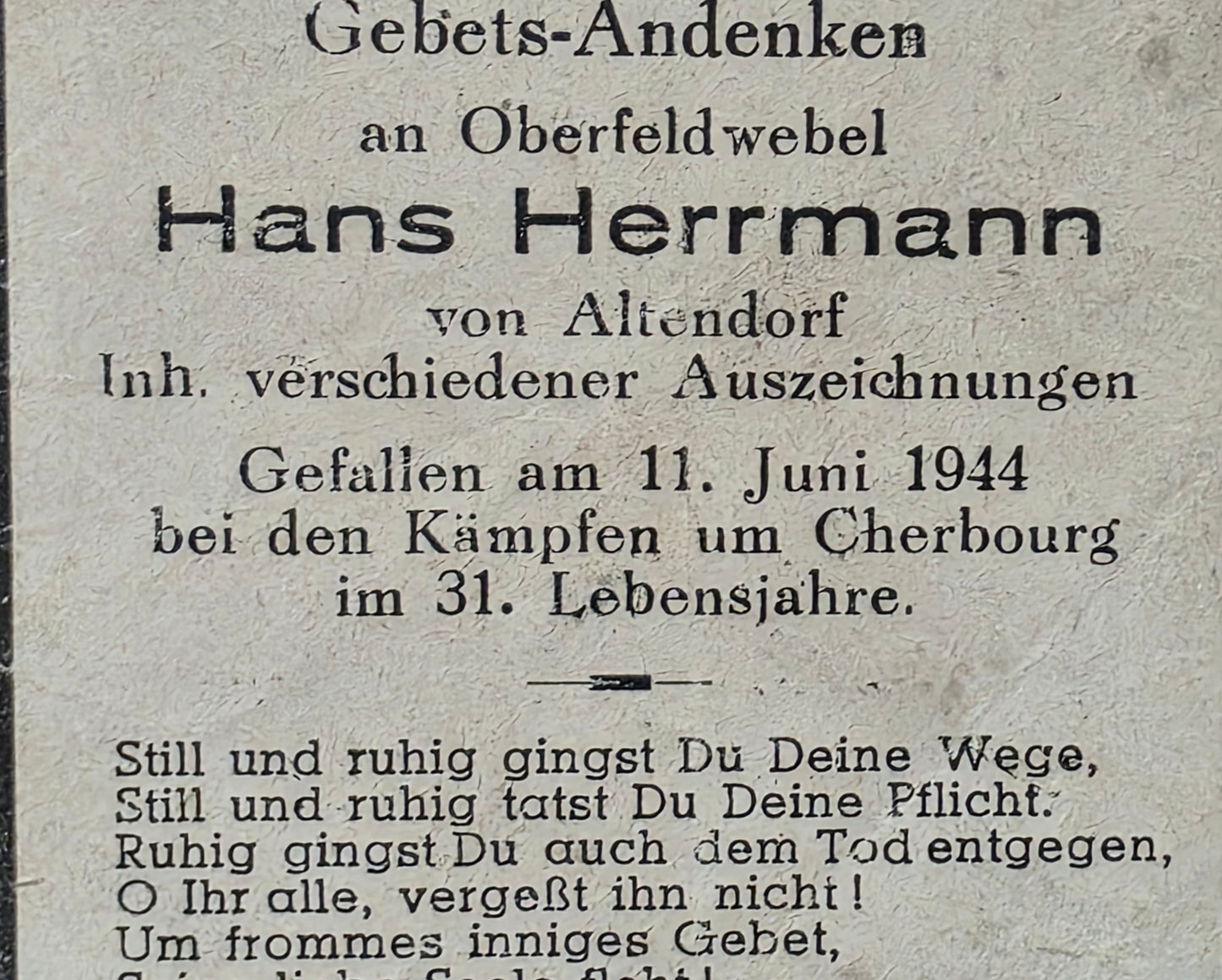 Sterbebild Oberfeldwebel Altendorf Invasion Normandie Cherbourg Frankreich