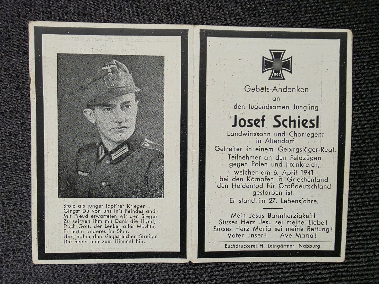 Sterbebild Gefreiter Altendorf 11. Gebirgsjäger Regt. 85 Istibei Griechenland Bulgarien