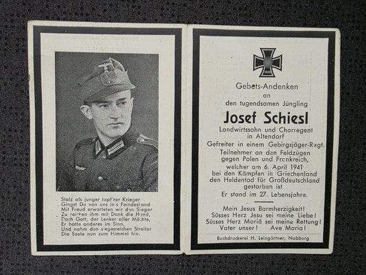 Sterbebild Gefreiter Altendorf 11. Gebirgsjäger Regt. 85 Istibei Griechenland Bulgarien