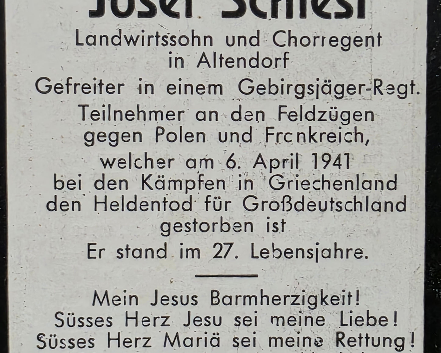 Sterbebild Gefreiter Altendorf 11. Gebirgsjäger Regt. 85 Istibei Griechenland Bulgarien