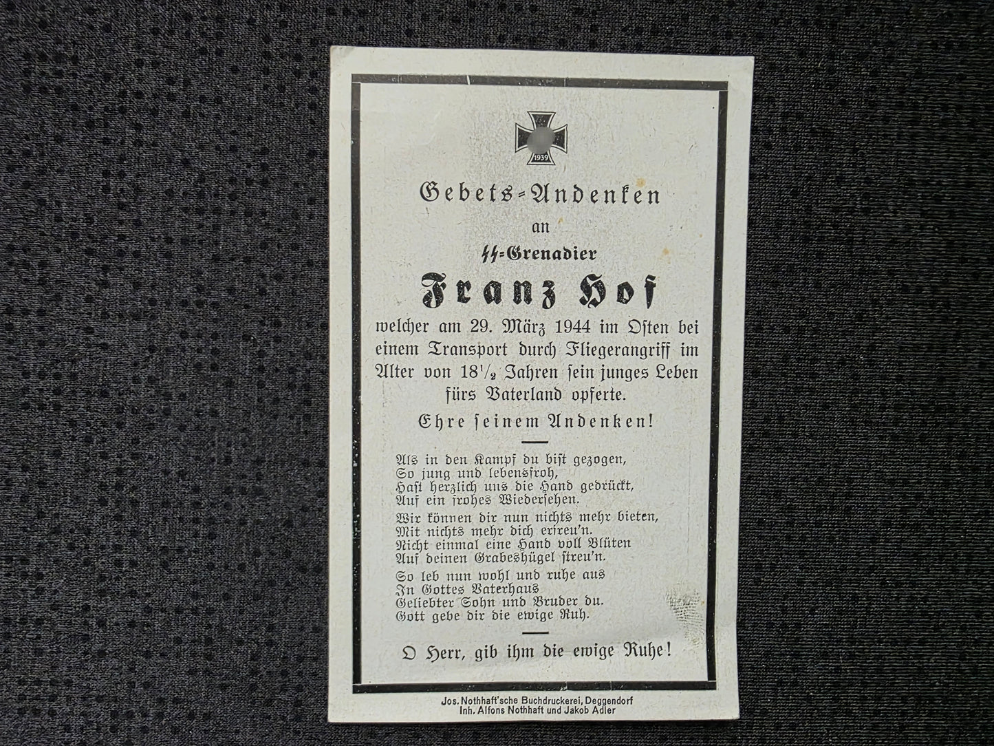 Sterbebild SS-Grenadier Hengersberg Fliegerangriff Osten ***