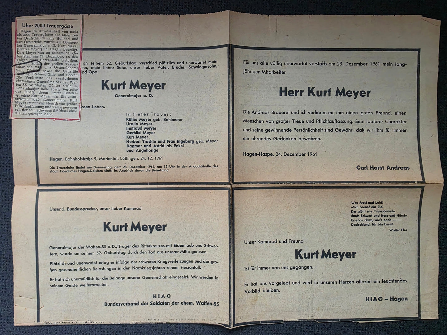 Todesanzeigen (Zeitung) Kurt Meyer "Panzermeyer" SS-Generalmajor RK-Träger mit Eichenlaub HIAG