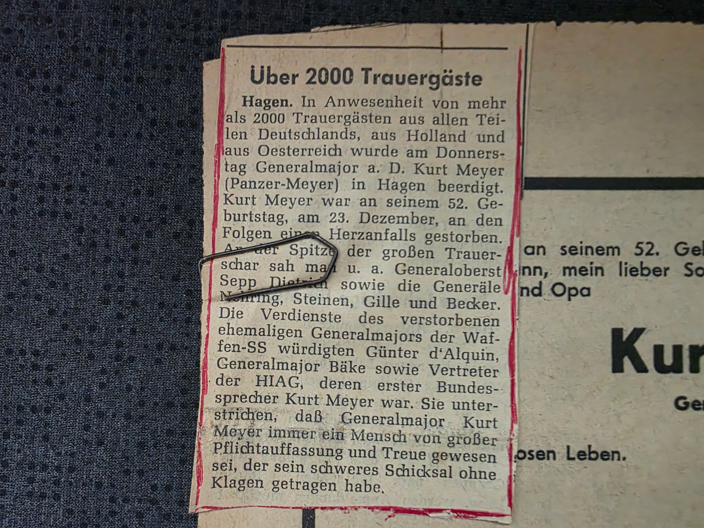 Todesanzeigen (Zeitung) Kurt Meyer "Panzermeyer" SS-Generalmajor RK-Träger mit Eichenlaub HIAG