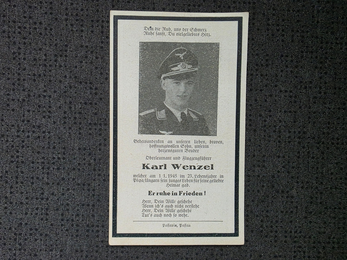 Sterbebild Oberleutnant Passau Pilot 2.(Fern) Staffel Aufklärungsgruppe 11 DKiG viele Auszeichnungen Papa Ungarn
