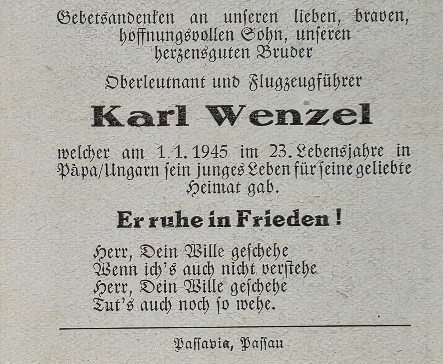 Sterbebild Oberleutnant Passau Pilot 2.(Fern) Staffel Aufklärungsgruppe 11 DKiG viele Auszeichnungen Papa Ungarn