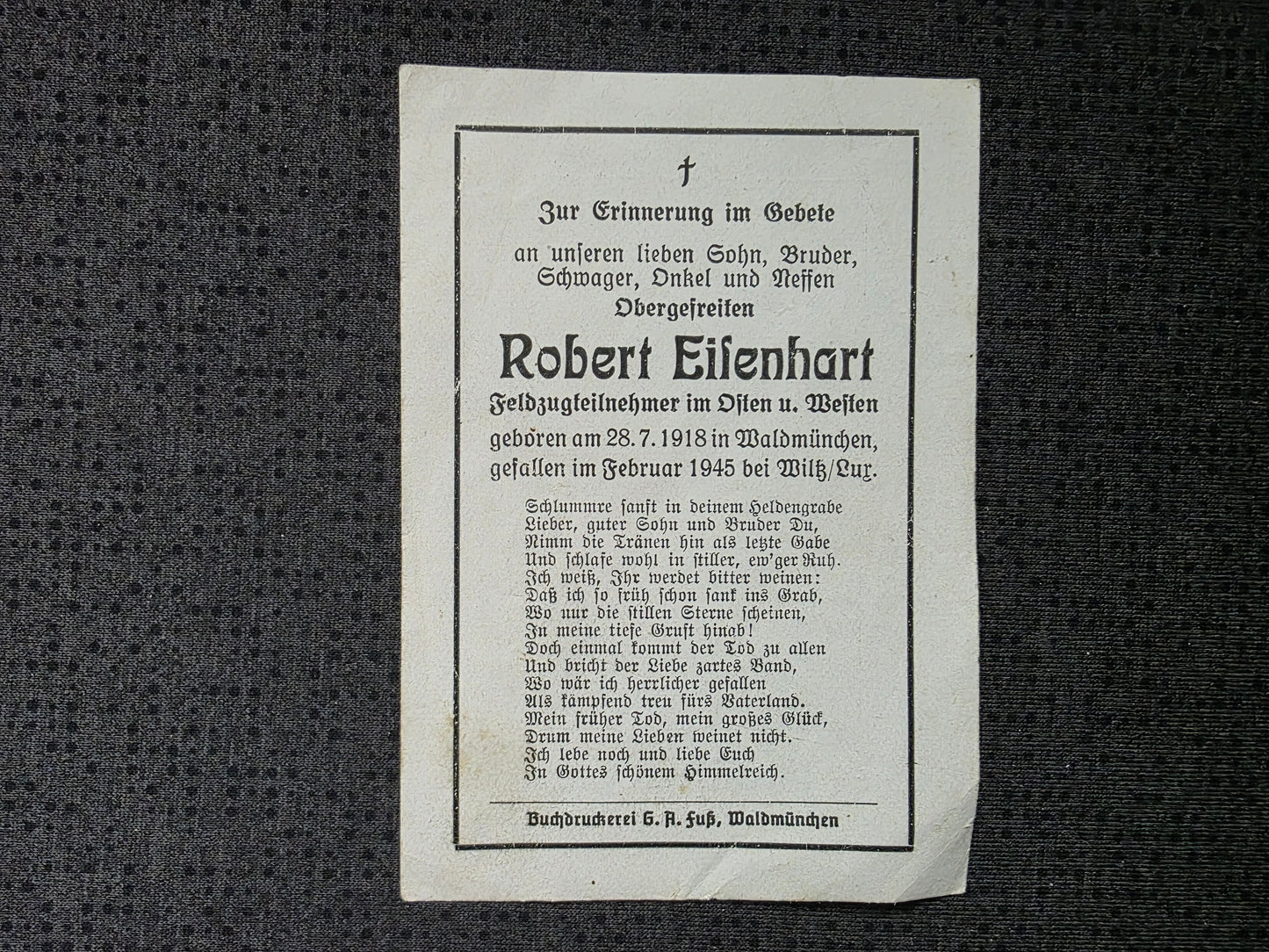 Sterbebild Obergefreiter Waldmünchen Endkampf Wiltz Luxemburg Recogne-Bastogne Belgien