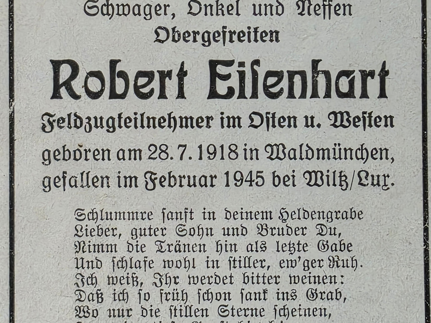Sterbebild Obergefreiter Waldmünchen Endkampf Wiltz Luxemburg Recogne-Bastogne Belgien
