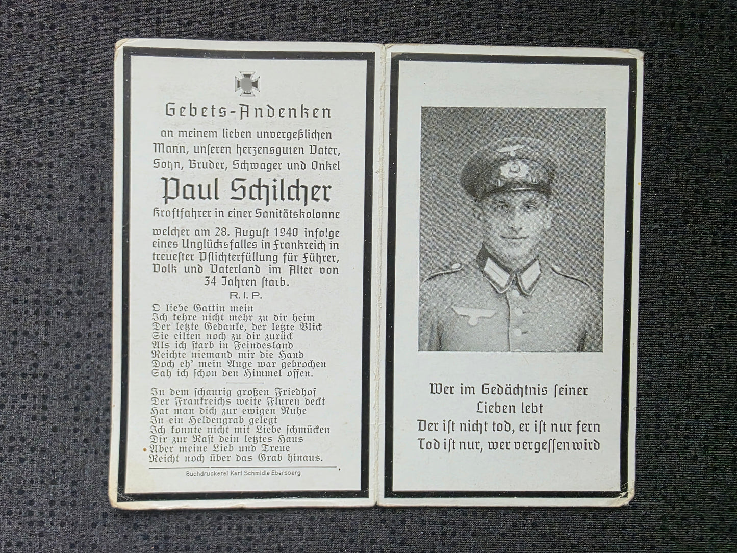 Sterbebild Kraftfahrer Kirchseeon Sanitätskolonne Lazarett III/677 Laon Frankreich