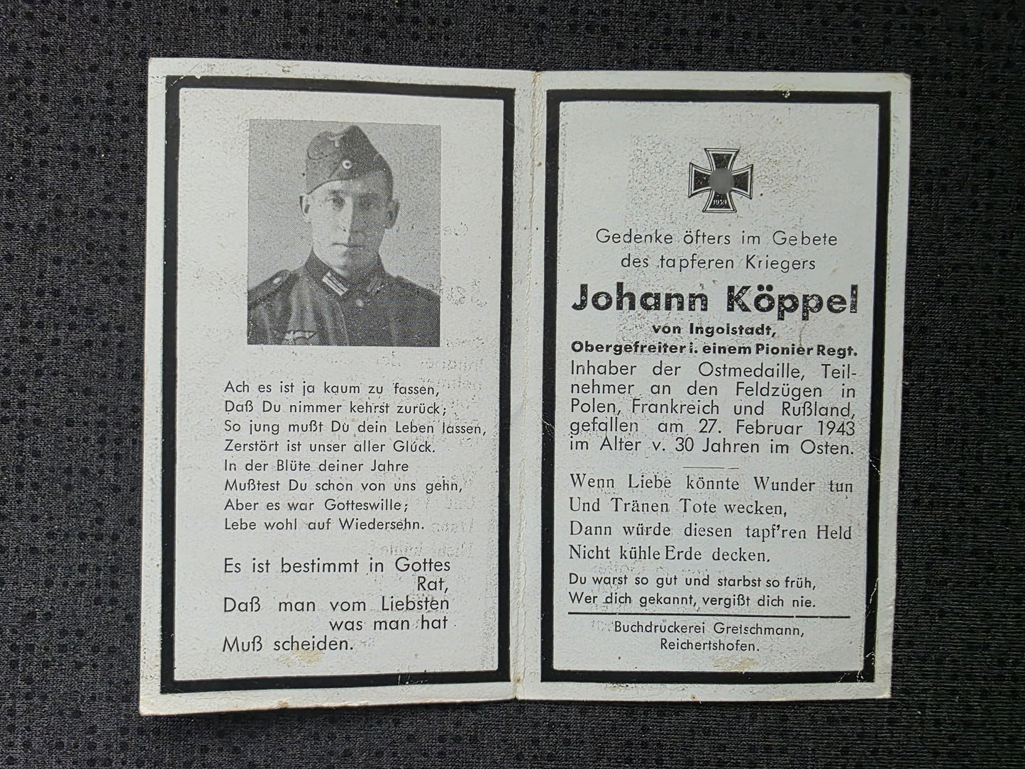 Sterbebild Obergefreiter Ingolstadt 3. Komp. Pionier Btl. 157 Osten