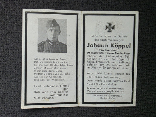 Sterbebild Obergefreiter Ingolstadt 3. Komp. Pionier Btl. 157 Osten