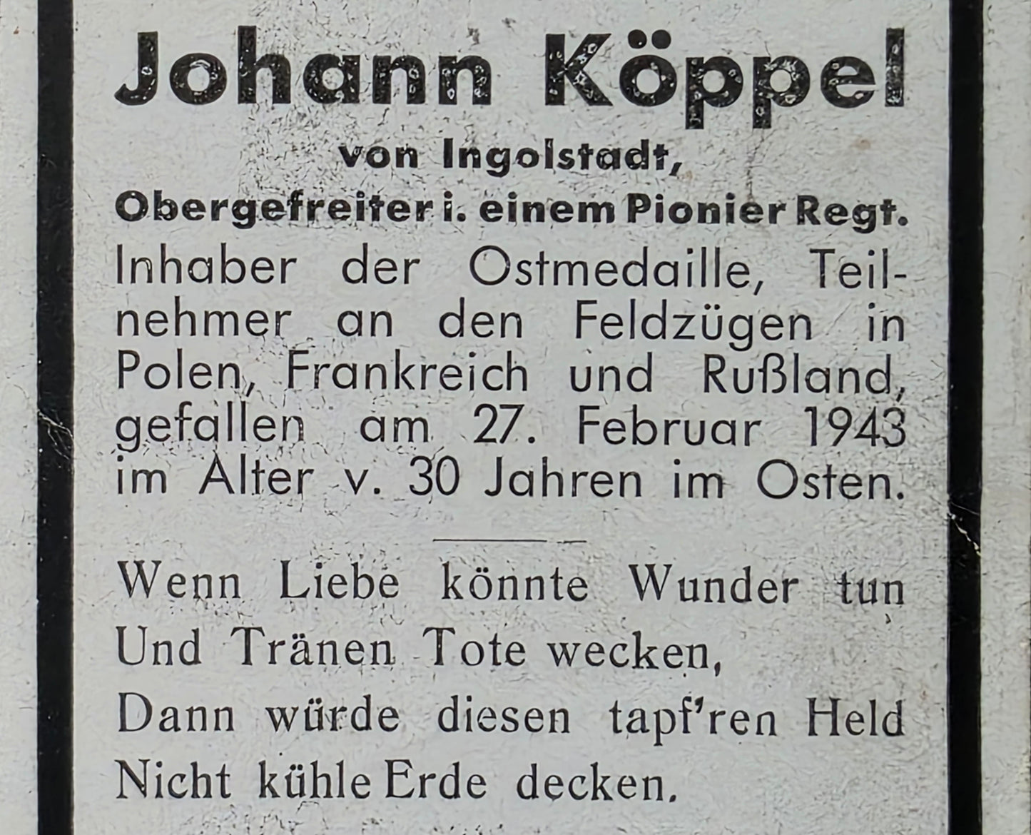 Sterbebild Obergefreiter Ingolstadt 3. Komp. Pionier Btl. 157 Osten