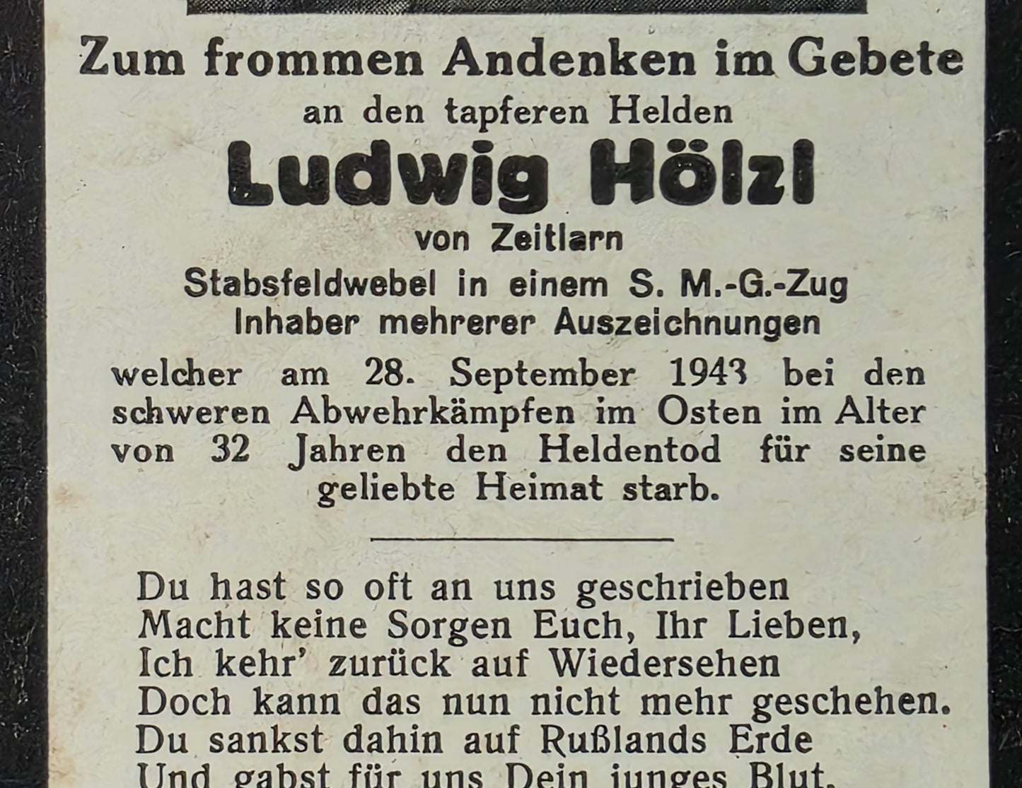 Sterbebild Stabsfeldwebel Algerting 11. Komp. Gren. Regt. 747 Abwehrkämpfe Osten