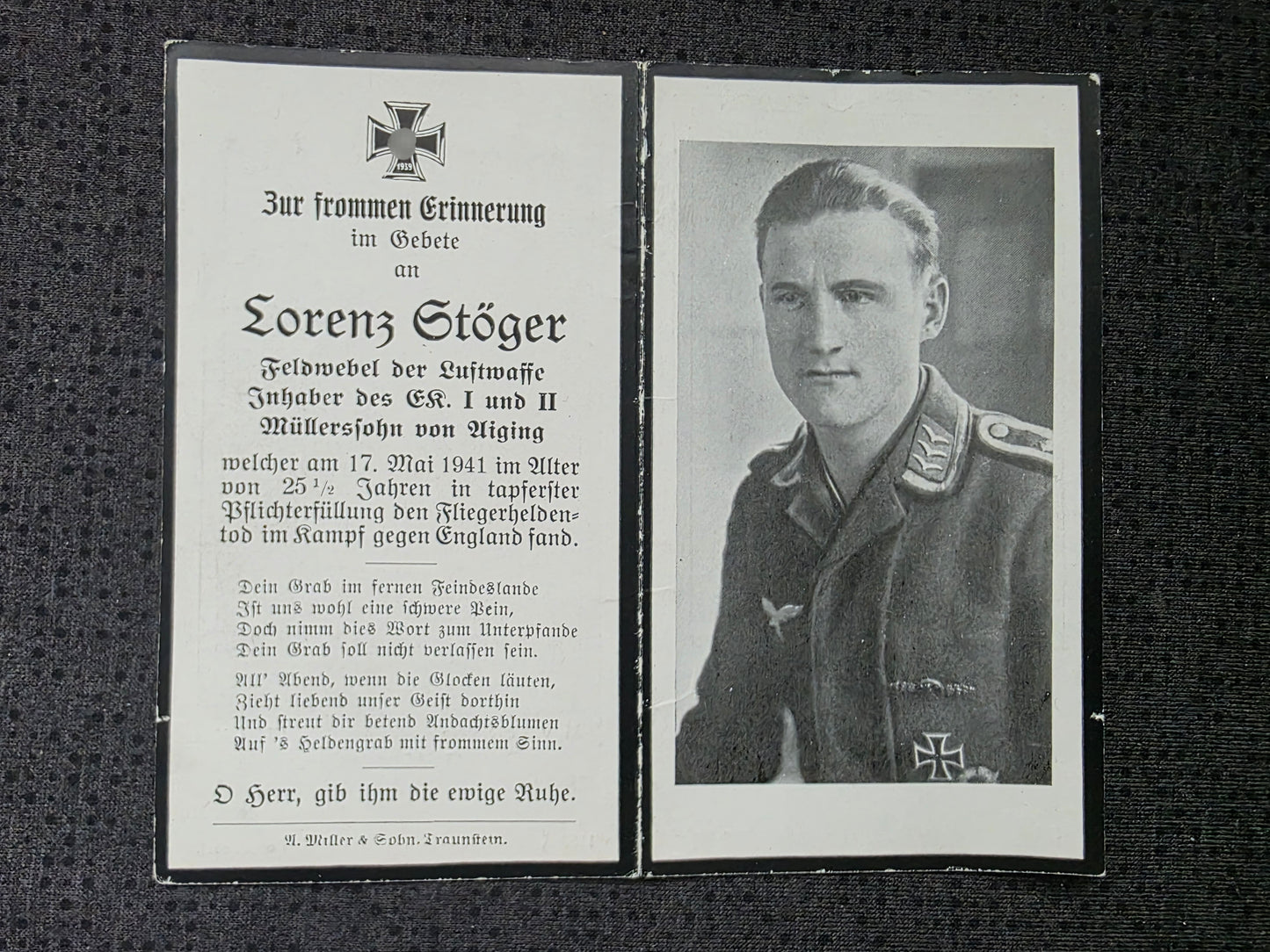 Sterbebild Feldwebel Aiging Bordfunker 7./KG-55 Feindflug Birmingham Worthing Sussex England