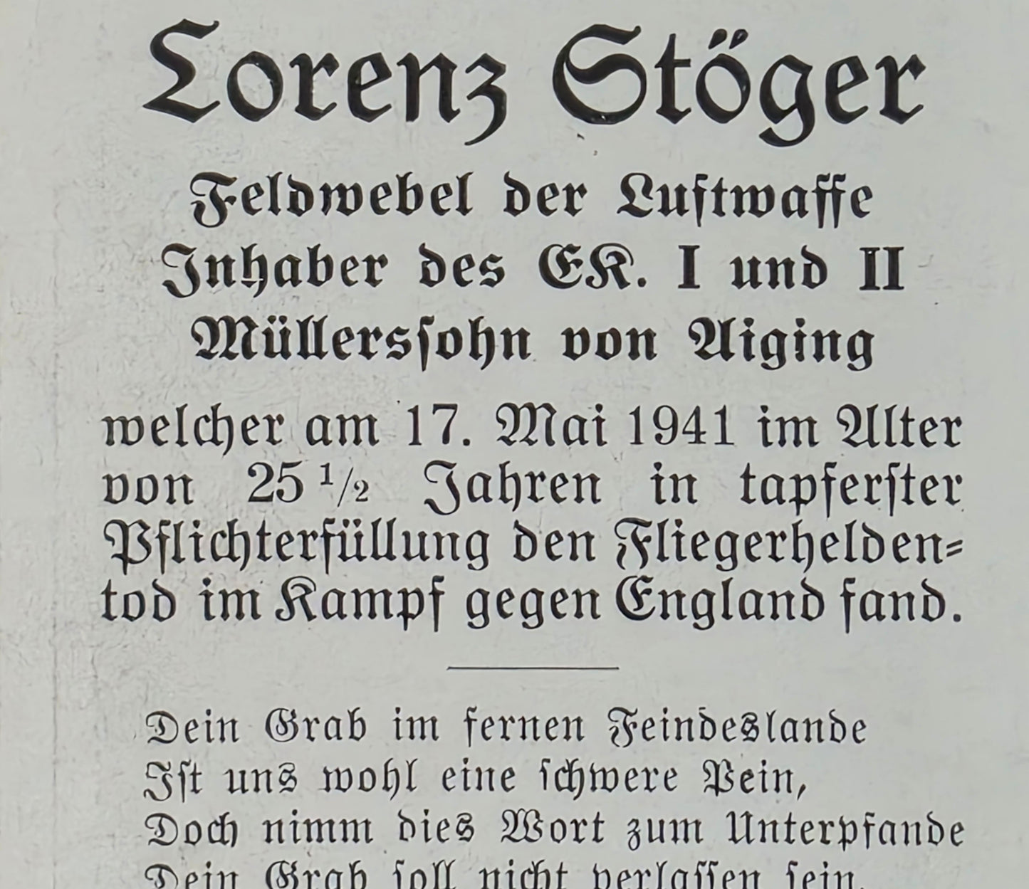 Sterbebild Feldwebel Aiging Bordfunker 7./KG-55 Feindflug Birmingham Worthing Sussex England