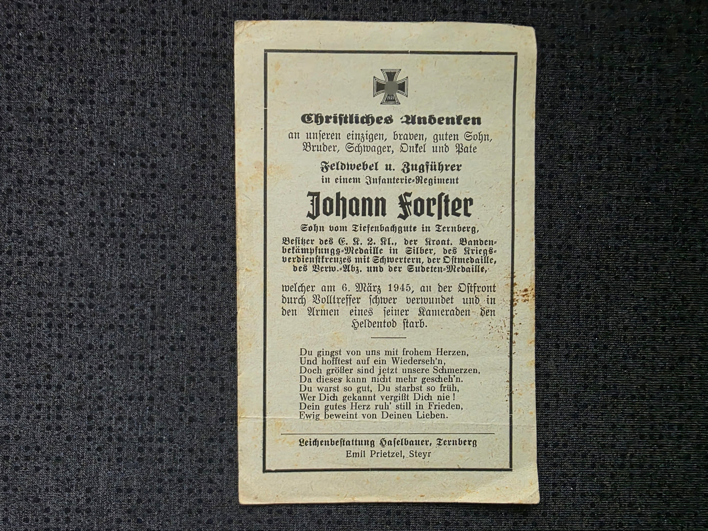 Sterbebild Feldwebel Ternberg Inf. Regt. kroatische Bandenkampfmed. Sudeten Med. Endkampf Ostfront