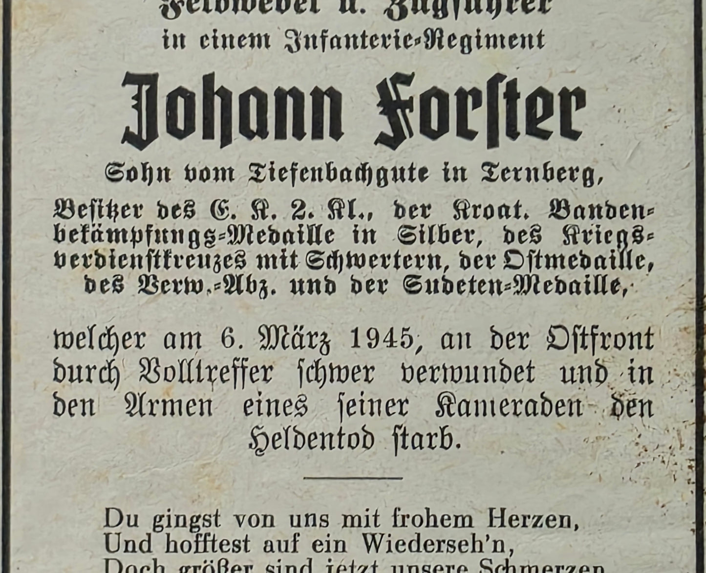 Sterbebild Feldwebel Ternberg Inf. Regt. kroatische Bandenkampfmed. Sudeten Med. Endkampf Ostfront