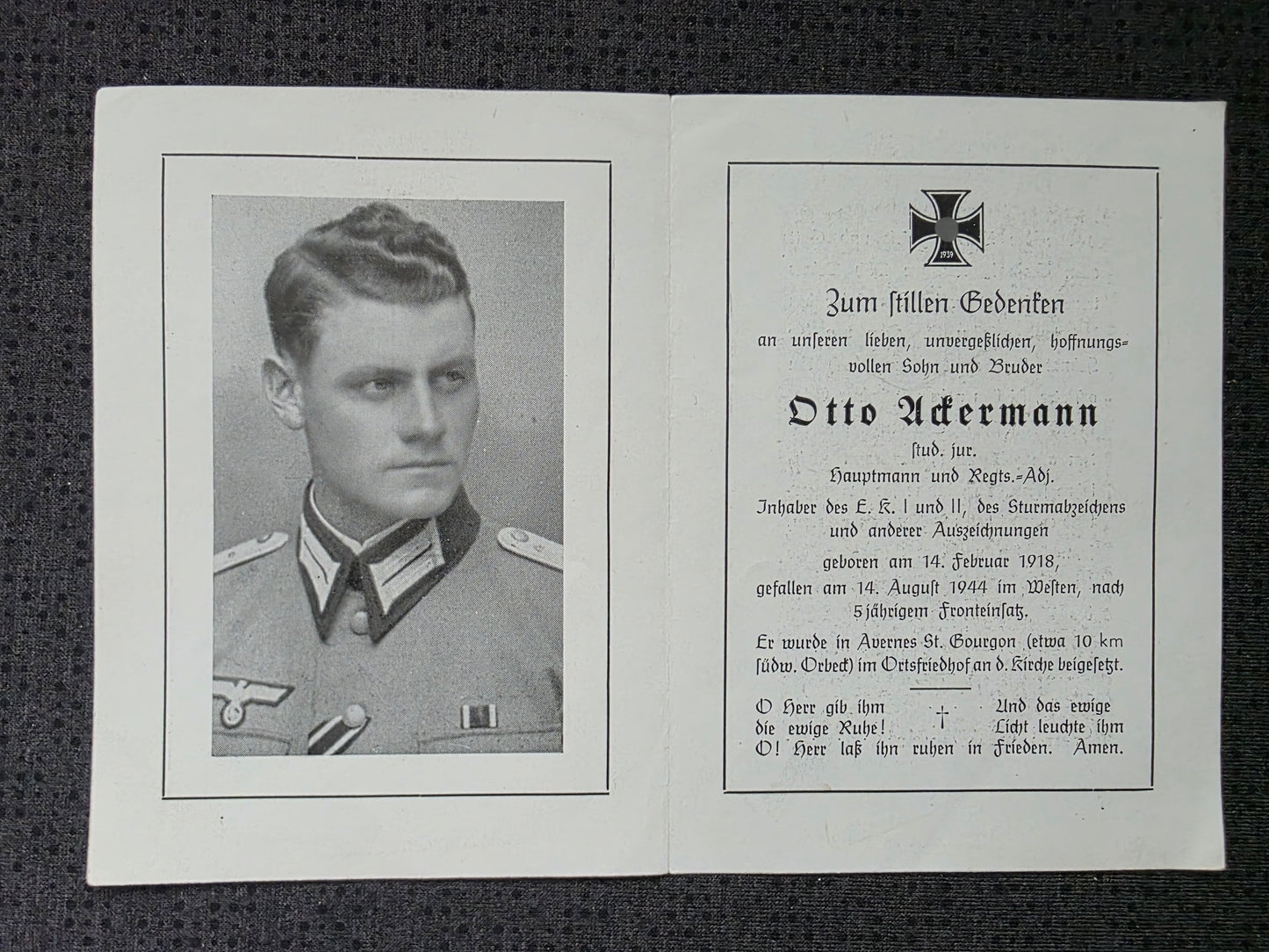 Sterbebild Hauptmann Lingenfeld Stab Pz.-Gren. Regt. 192 Proussy Avernes-Saint-Gourgon Normandie Frankreich