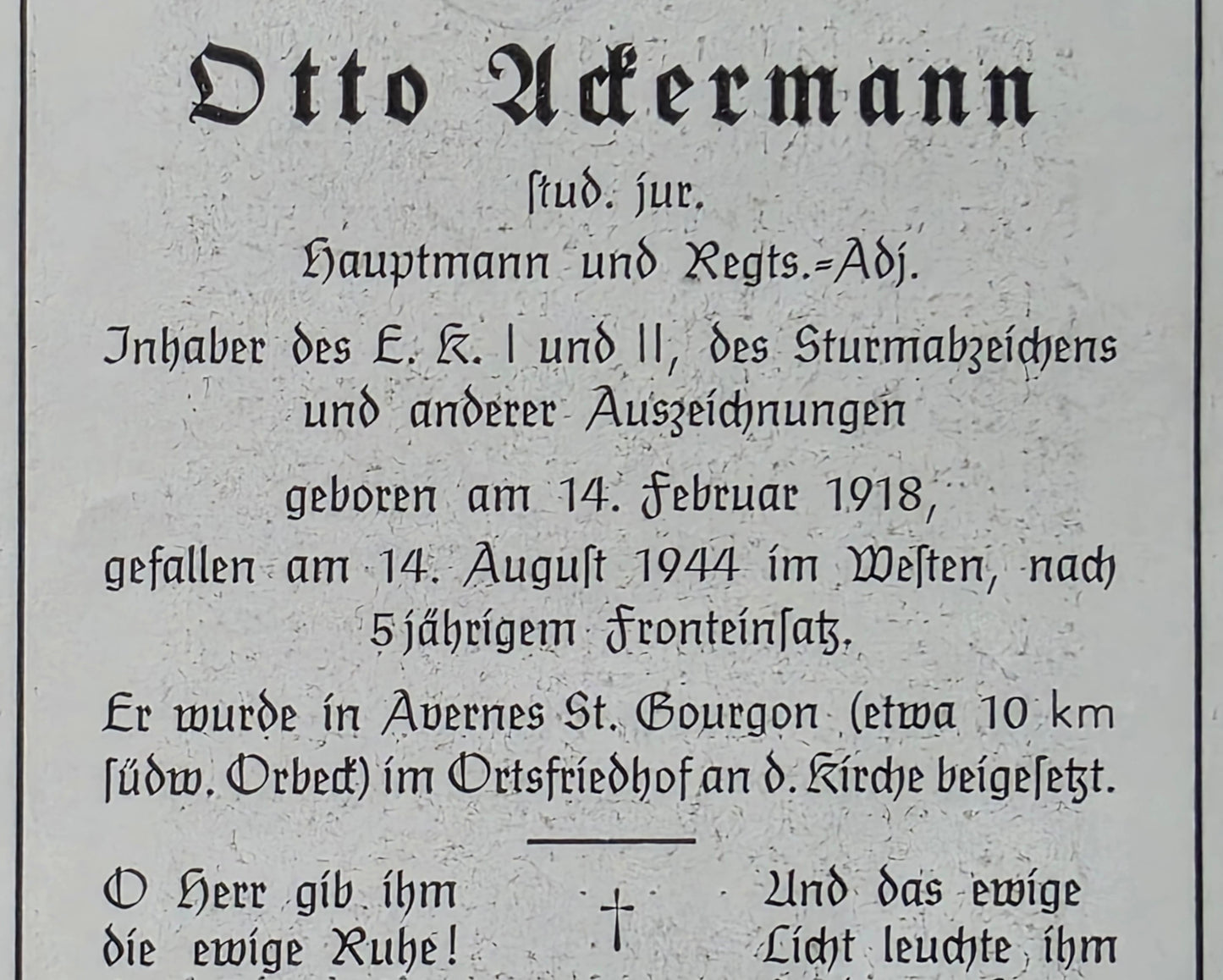 Sterbebild Hauptmann Lingenfeld Stab Pz.-Gren. Regt. 192 Proussy Avernes-Saint-Gourgon Normandie Frankreich