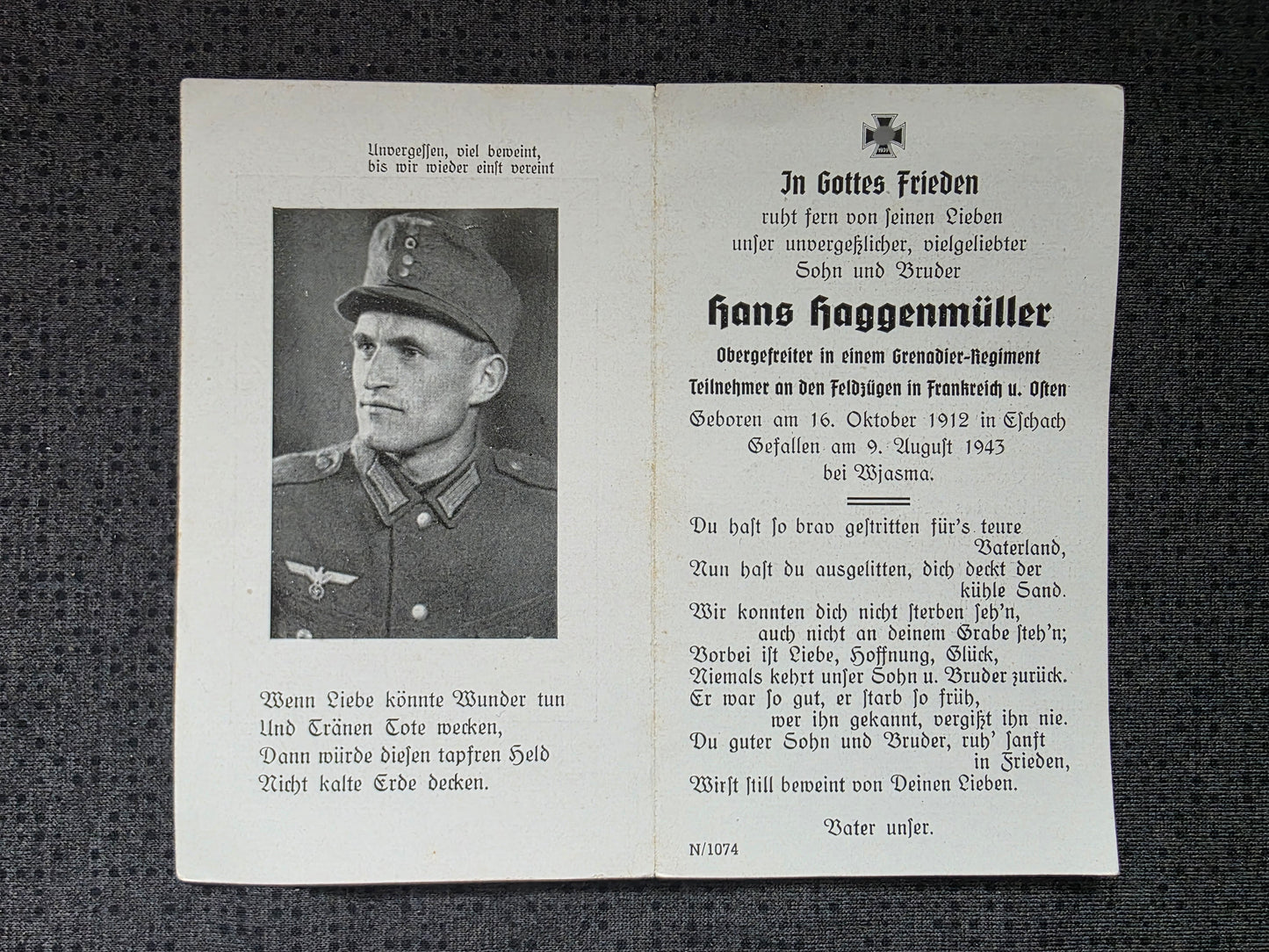 Sterbebild Obergefreiter Eschach Stab III Gren. Regt. 499 Wjasma Russland