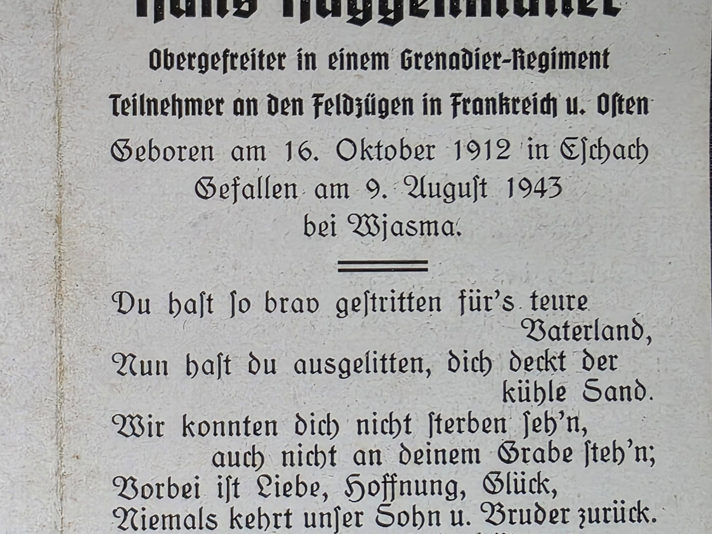 Sterbebild Obergefreiter Eschach Stab III Gren. Regt. 499 Wjasma Russland