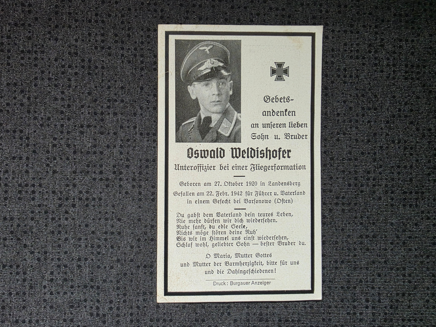 Sterbebild Unteroffizier Landensberg 9. Feld-Regt. der Luftwaffe Barsunowo Russland