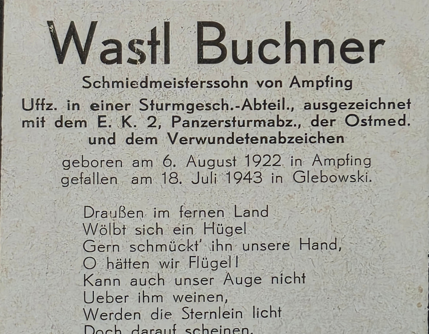 Sterbebild Unteroffizier Ampfing 2. Batterie Sturmgeschütz Abt. 177 PSA Masslowo Russland