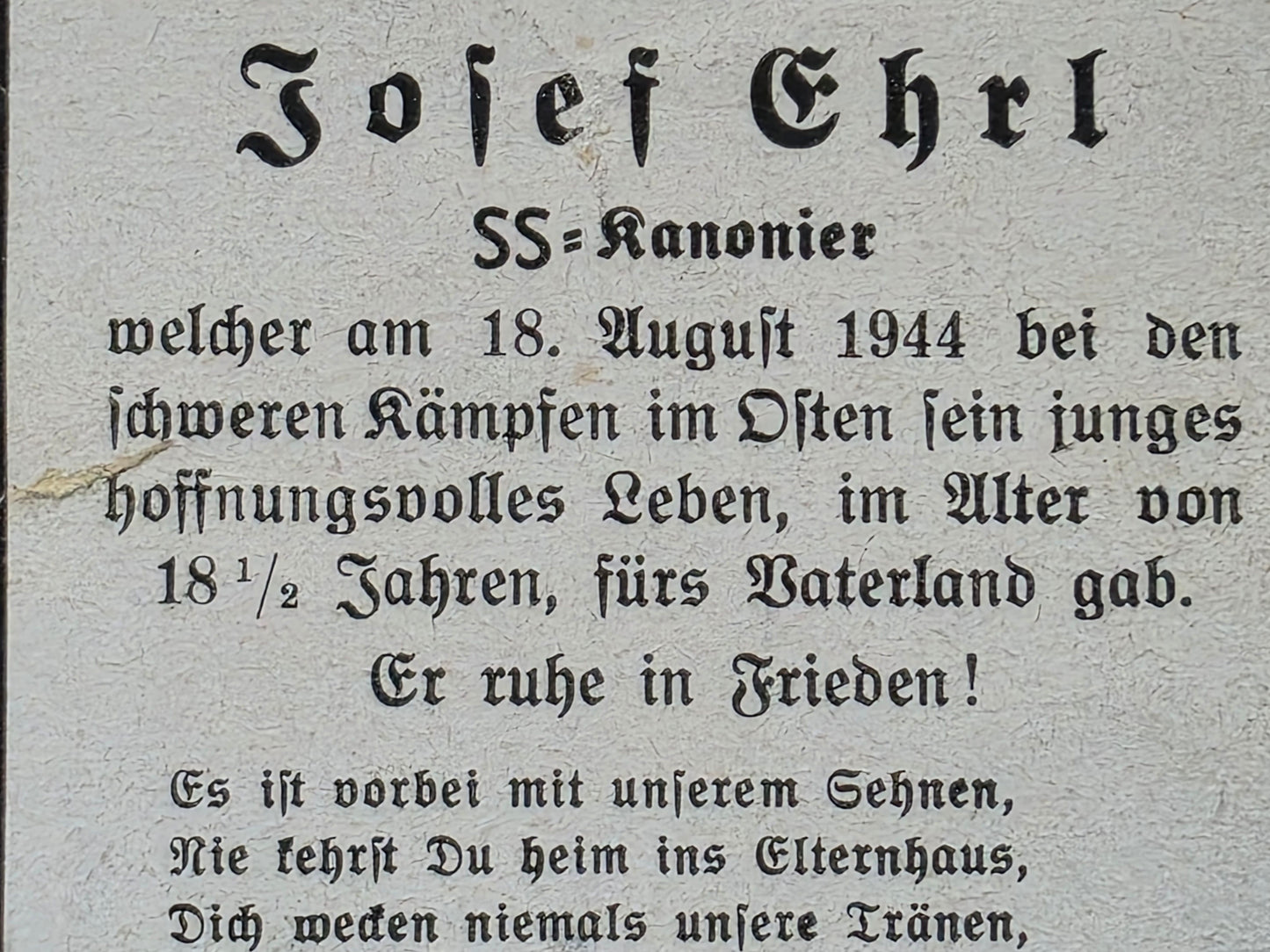 Sterbebild SS-Kanonier Eng 18 Jahre Krusze Polen