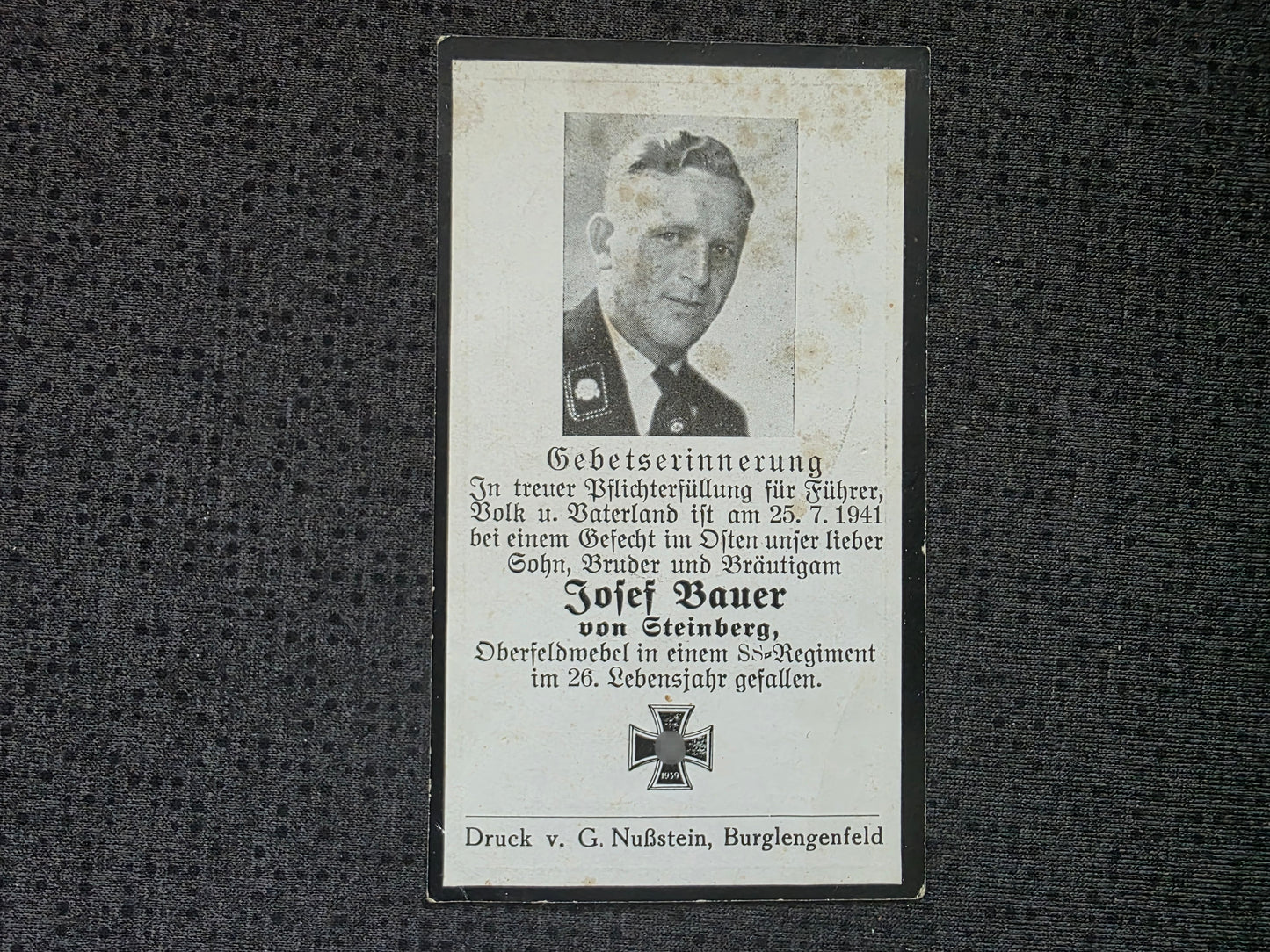 Sterbebild SS-Oberscharführer Steinberg 8. SS-Inf. Regt. 11 Totenkopfstandarte Bogorodizkoja Russland