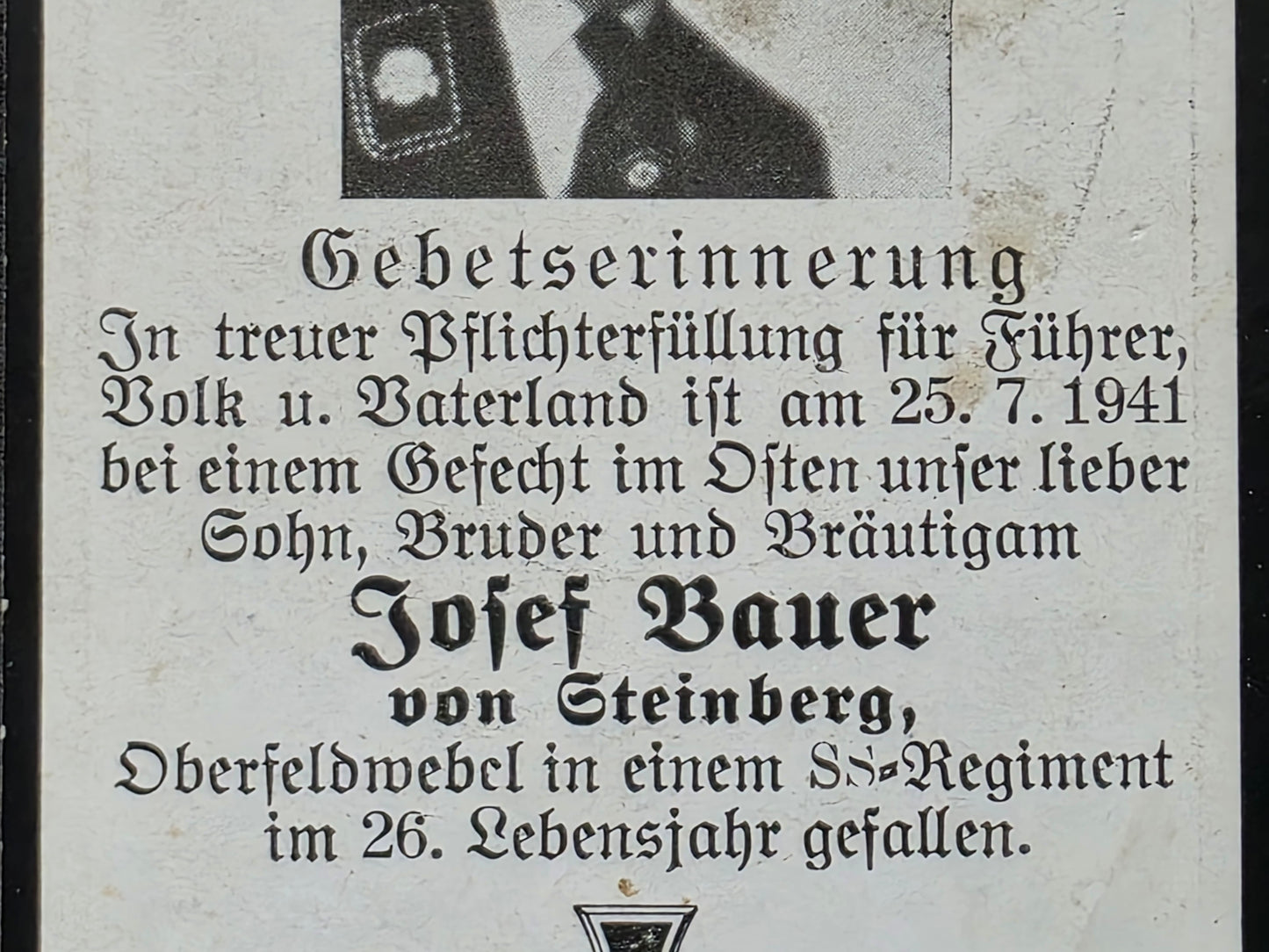 Sterbebild SS-Oberscharführer Steinberg 8. SS-Inf. Regt. 11 Totenkopfstandarte Bogorodizkoja Russland