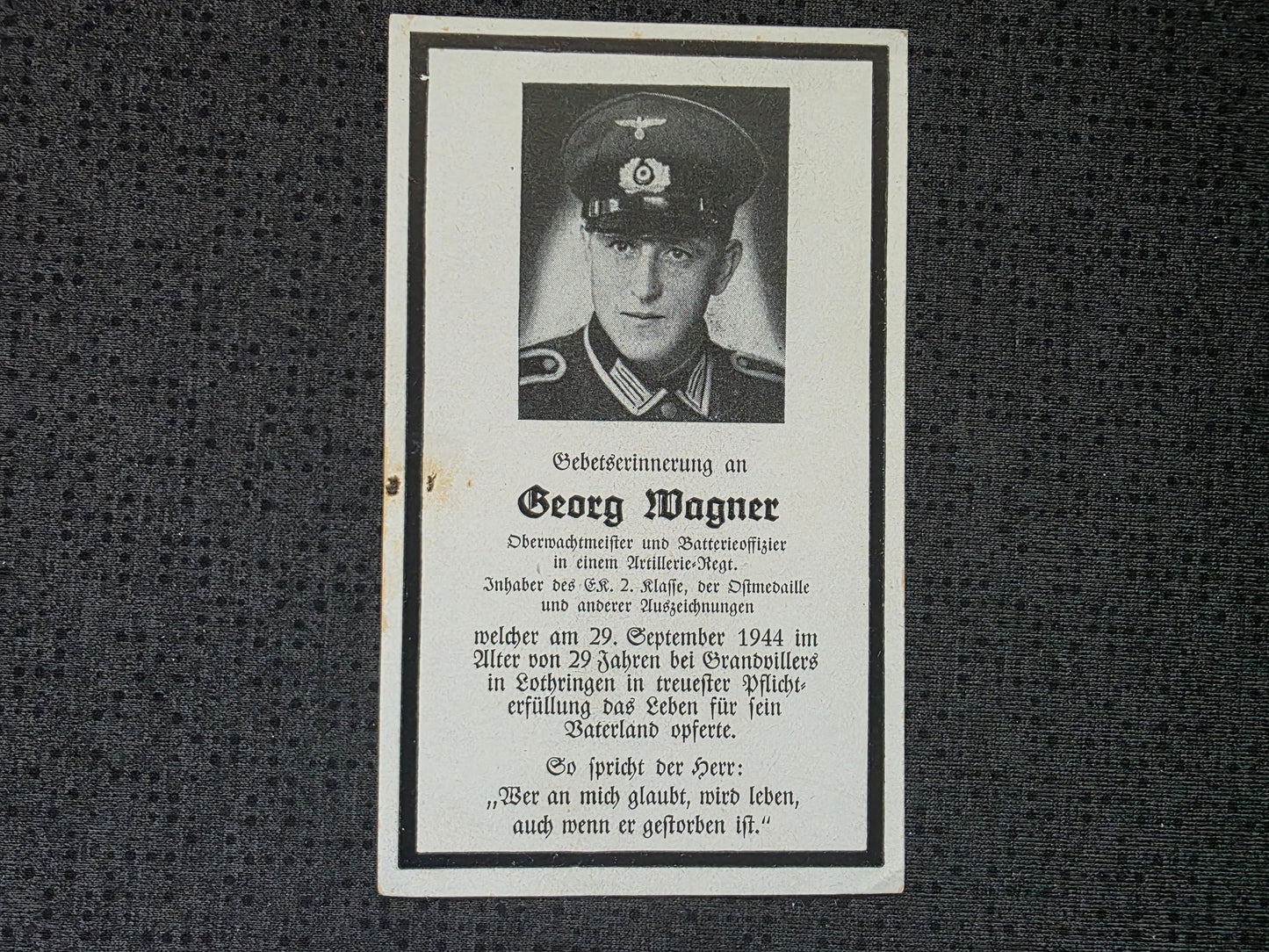 Sterbebild Oberwachtmeister & Batterieführer Artillerie Regt. Grandvillers Lothringen Frankreich