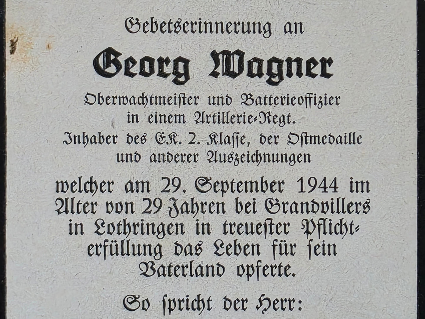 Sterbebild Oberwachtmeister & Batterieführer Artillerie Regt. Grandvillers Lothringen Frankreich