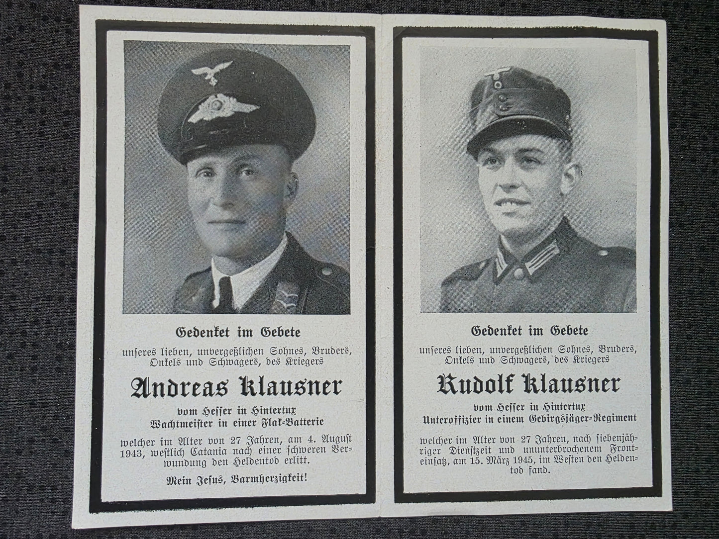 Sterbebild Brüder Tux Wachtmeister Flak Batterie Catania Italien Unteroffizier Gebirgsjäger Endkampf Niederzerf Kastel