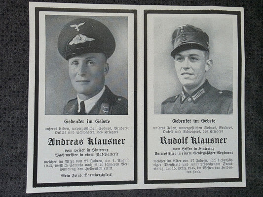 Sterbebild Brüder Tux Wachtmeister Flak Batterie Catania Italien Unteroffizier Gebirgsjäger Endkampf Niederzerf Kastel