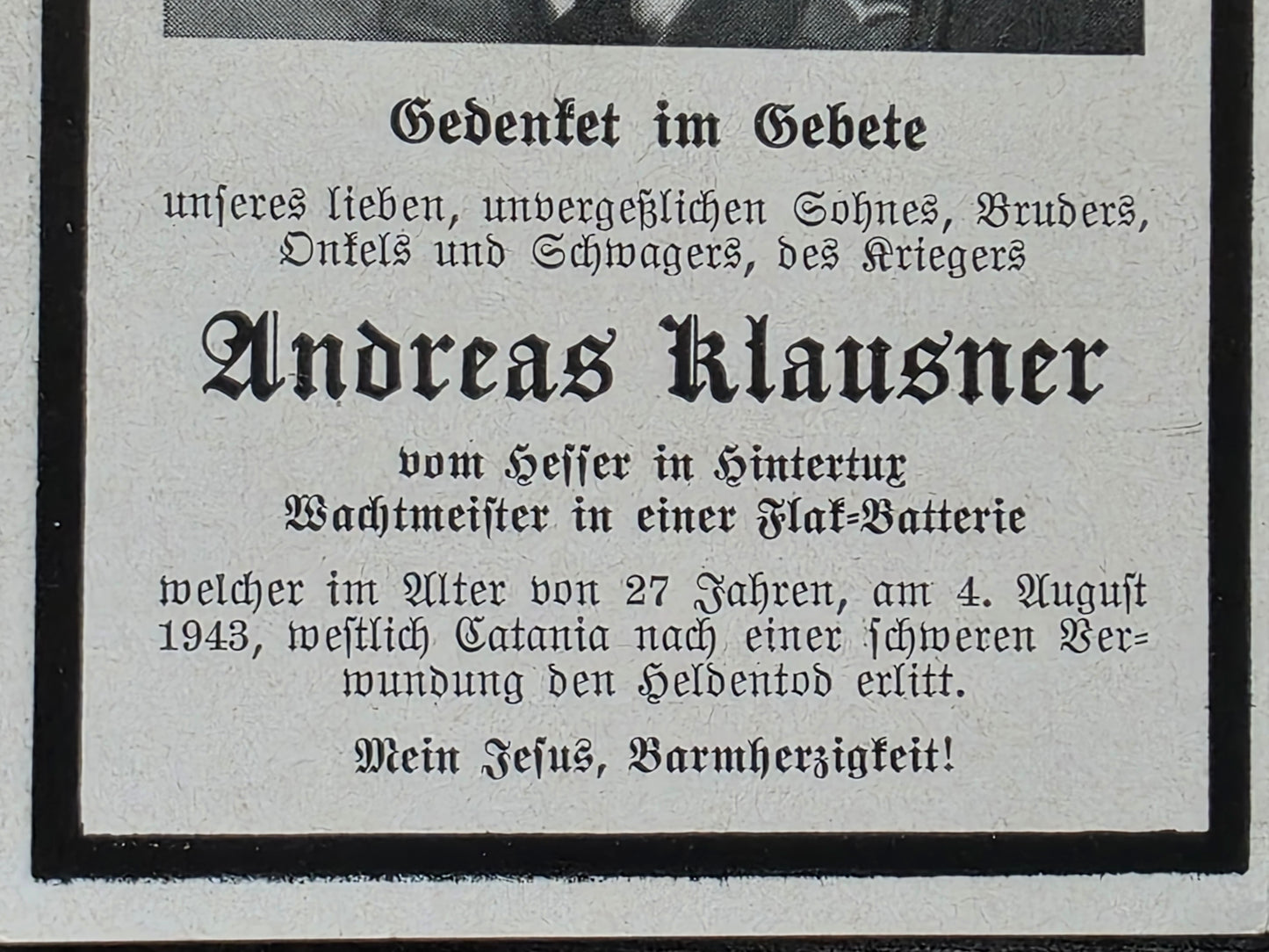 Sterbebild Brüder Tux Wachtmeister Flak Batterie Catania Italien Unteroffizier Gebirgsjäger Endkampf Niederzerf Kastel