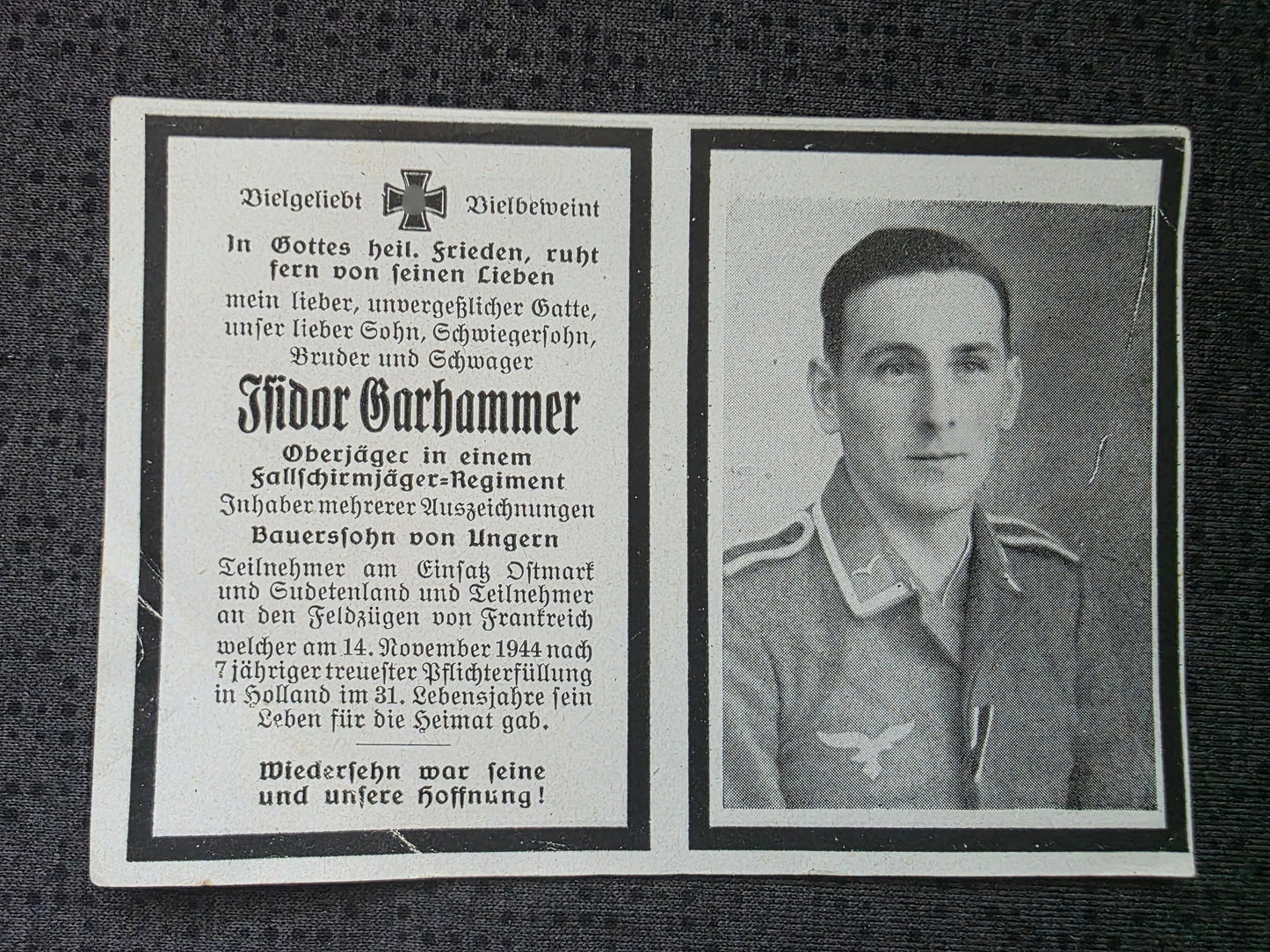 Sterbebild Oberjäger Fallschirmjäger Regt. Ostmark Sudetenland Ysselsteyn Holland
