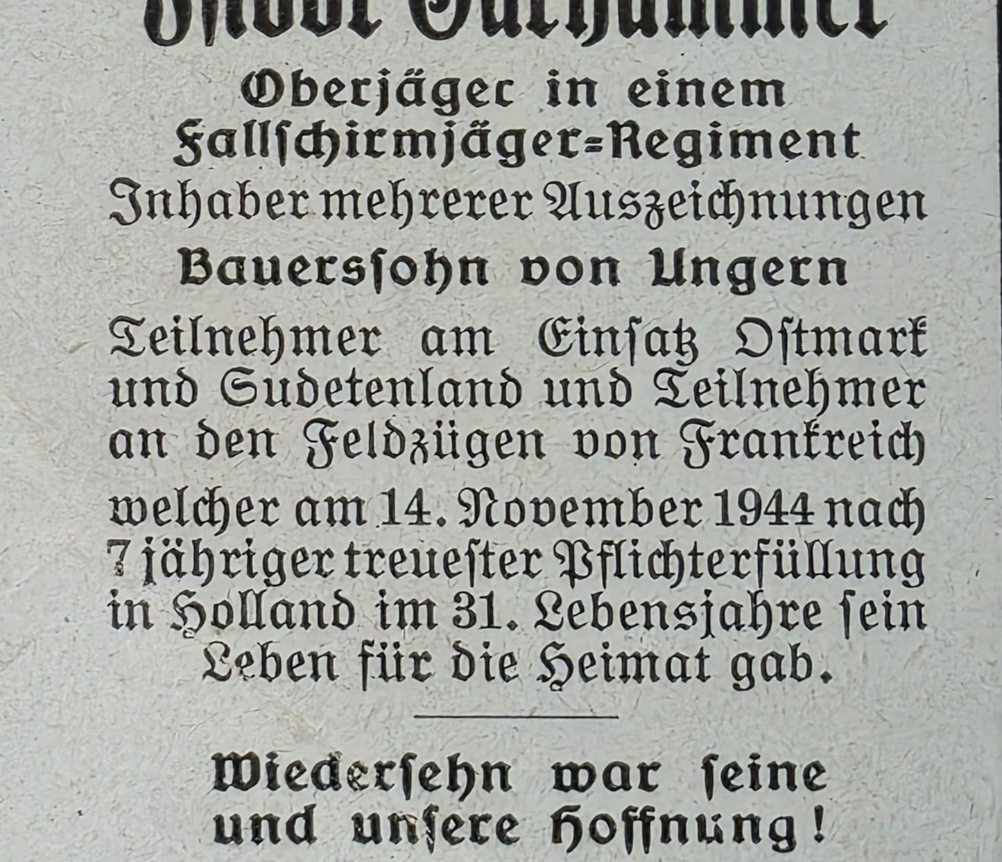 Sterbebild Oberjäger Fallschirmjäger Regt. Ostmark Sudetenland Ysselsteyn Holland